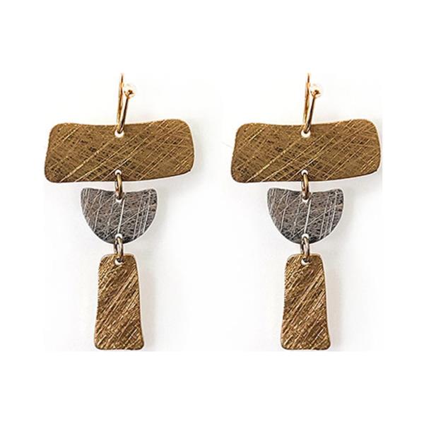 BRASS TWO TONE BURNISHED METAL GEOMETRIC BAR DANGLE EARRING