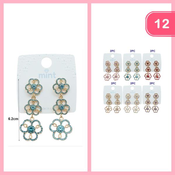 RHINESTONES DANGLE FLOWER EARRINGS (12 UNITS)