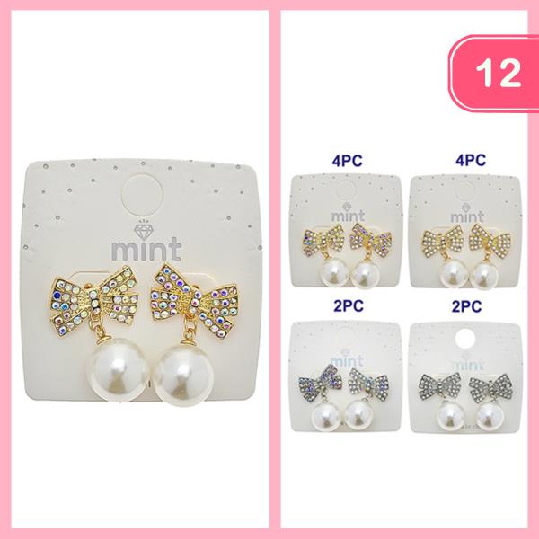 RHINESTONE BOW PEARL EARRINGS (12 UNITS)