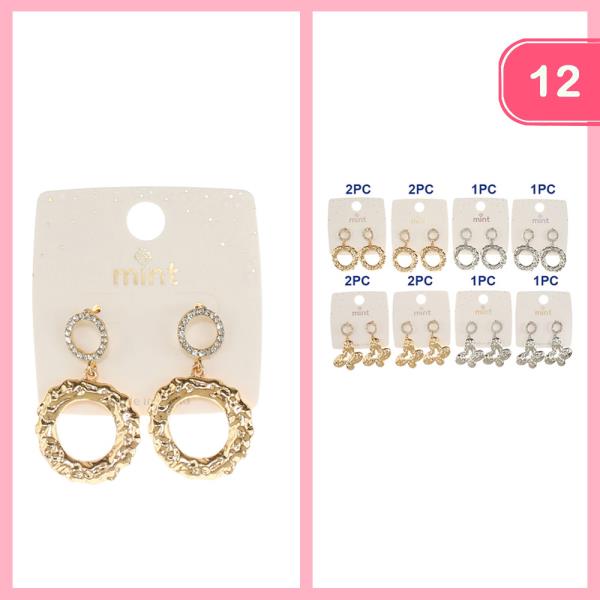 RHINESTONE HAMMERED ROUND DANGLE EARRINGS (12 UNITS)