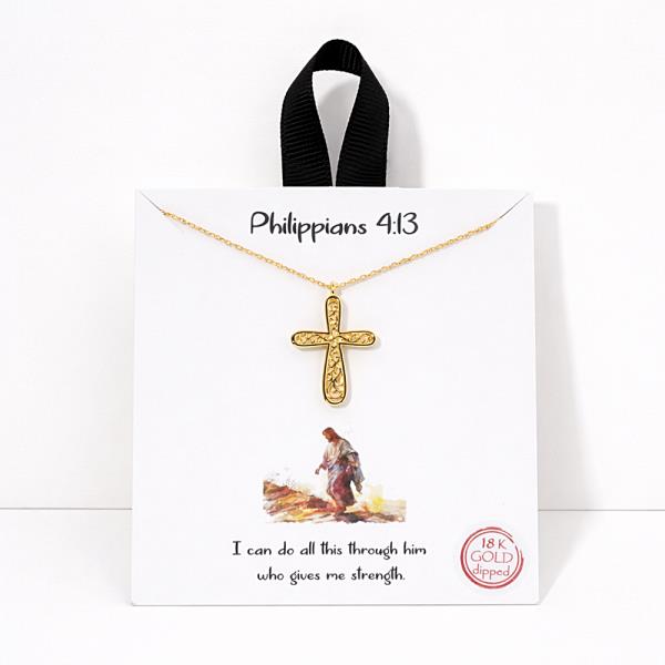 18K GOLD DIPPED PHILIPPIANS 4:13 CROSS PENDANT NECKLACE