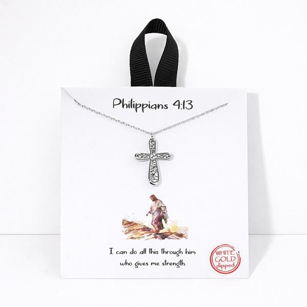 18K GOLD DIPPED PHILIPPIANS 4:13 CROSS PENDANT NECKLACE