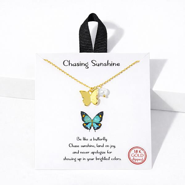 18K GOLD CHASING SUNSHINE BUTTERFLY PEARL PENDANT NECKLACE