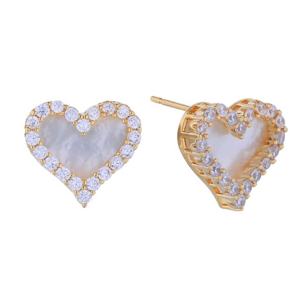 14K GOLD/WHITE GOLD DIPPED HEART PAVE STUD EARRINGS