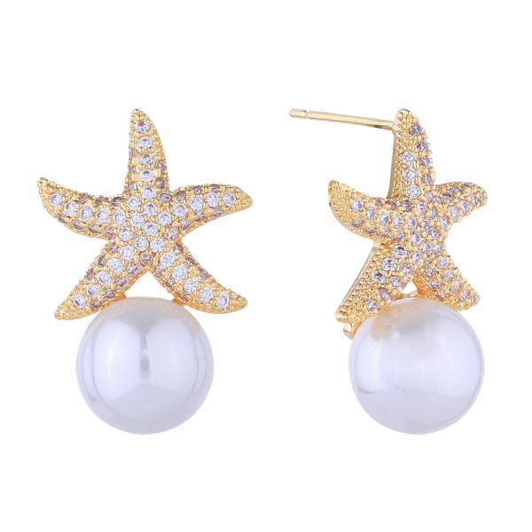 14K GOLD/WHITE GOLD DIPPED STARFISH PEARL DROP EARRINGS