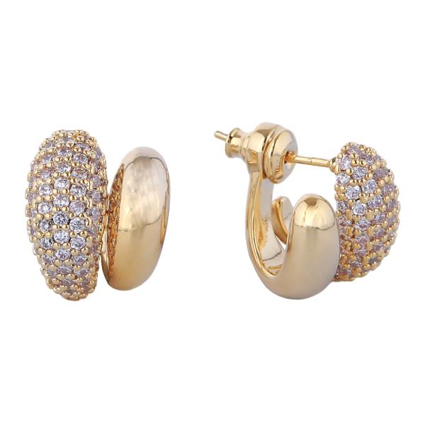 14K GOLD/WHITE GOLD DIPPED PAVE DOME HOOP EARRINGS
