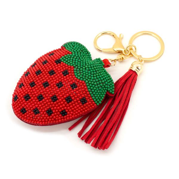 SEED BEAD STRAWBERRY TASSEL BAG CHARM KEYCHAIN