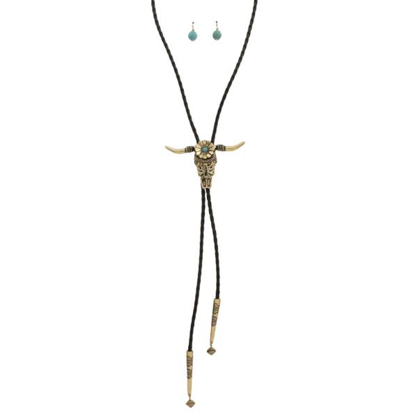 METAL BULL SKULL TURQUOISE BOLO LONG NECKLACE EARRING SET