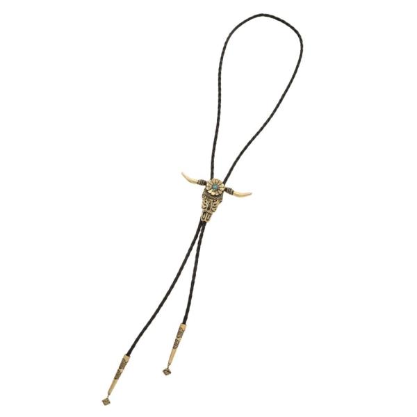 METAL BULL SKULL TURQUOISE BOLO LONG NECKLACE EARRING SET