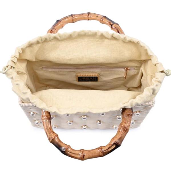 PEARL STUDDED WOVEN STRAW MAXIE EVENING BAG