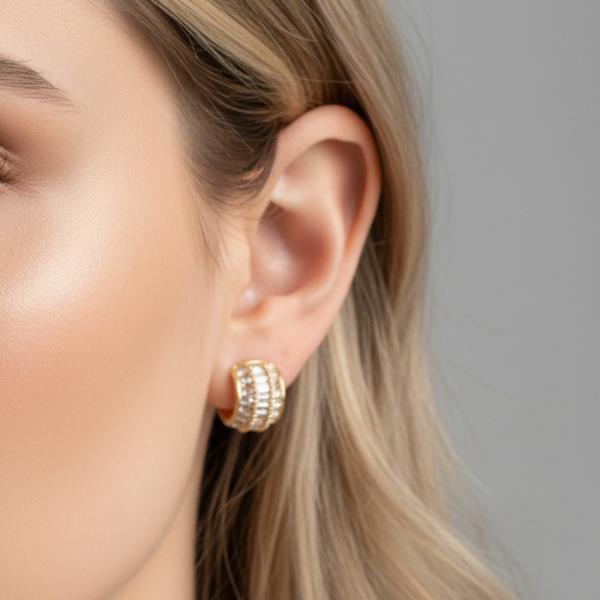 14K GOLD WHITE GOLD DIPPED WATER RESISTANT TRIPLE ROW BAGUETTE HALF HOOP EARRINGS WITH CZ