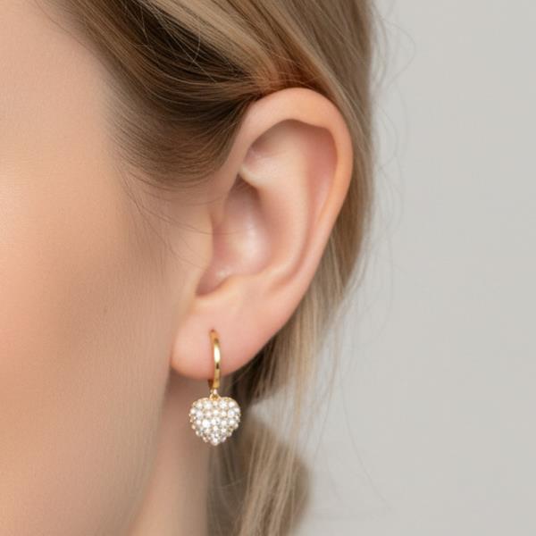 14K GOLD WHITE DIPPED WATER RESISTANT MINI PEARL HEART DROP HUGGIE EARRING CZ PAVE