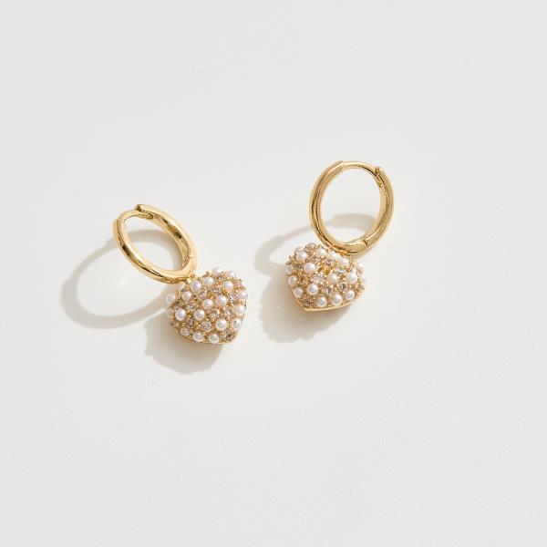 14K GOLD WHITE DIPPED WATER RESISTANT MINI PEARL HEART DROP HUGGIE EARRING CZ PAVE