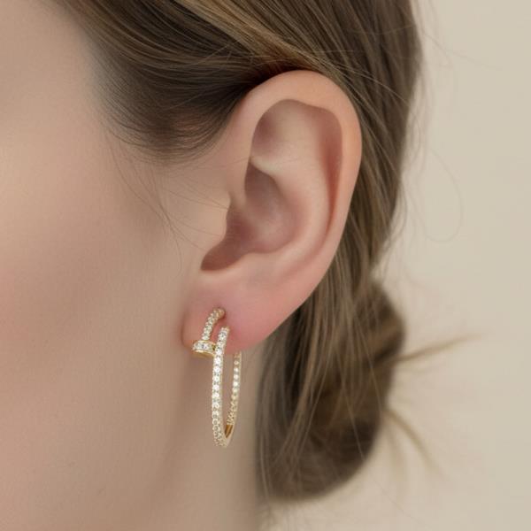 14K GOLD WHITE GOLD DIPPED WATER RESISTANT CLASSIC HOOP EARRING WITH PZ PAVE