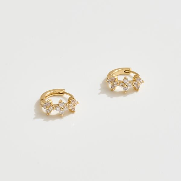 14K GOLD WHITE GOLD DIPPED WATER RESISTANT TRIPLE FLORAL HUGGIE EARRINGS WITH CZ