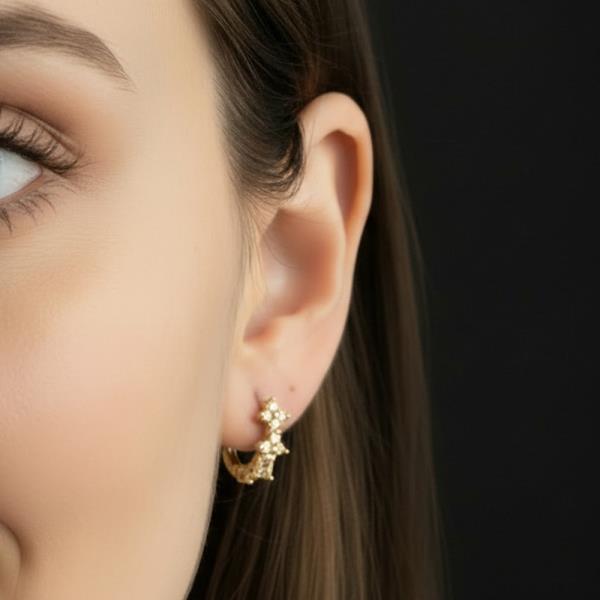 14K GOLD WHITE GOLD DIPPED WATER RESISTANT TRIPLE FLORAL HUGGIE EARRINGS WITH CZ