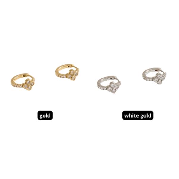 14K GOLD WHITE GOLD DIPPED WATER RESISTANT FLORAL HUGGIE EARRINGS WITH CZ PAVE