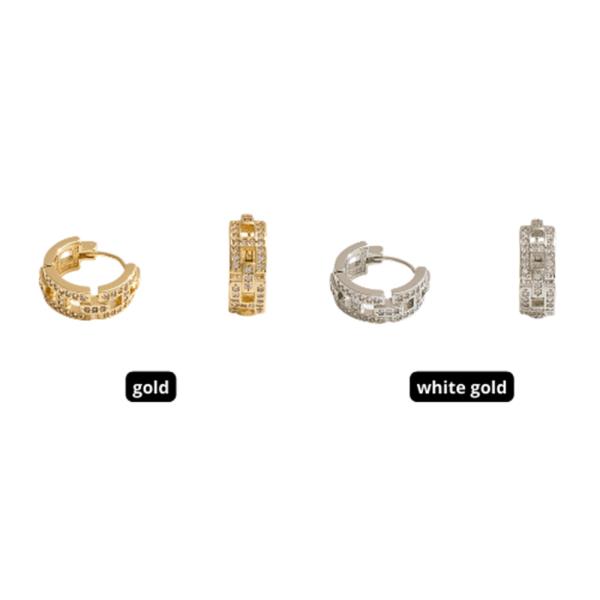 14K GOLD WHITE COLD DIPPED WATER RESISTANT LUXE GRID HUGGIE EARRINGS WITH CZ PAVE