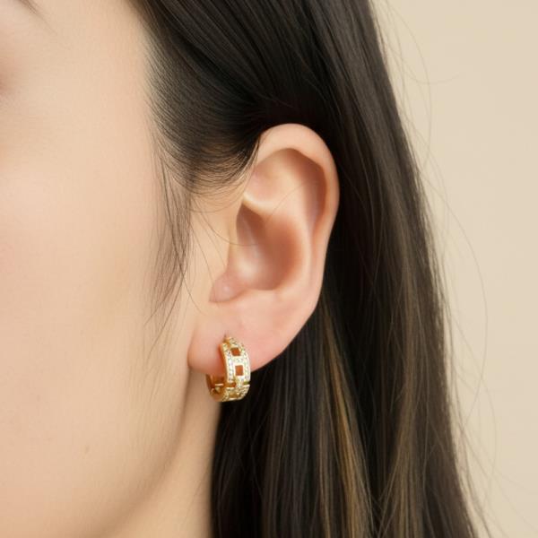 14K GOLD WHITE COLD DIPPED WATER RESISTANT LUXE GRID HUGGIE EARRINGS WITH CZ PAVE