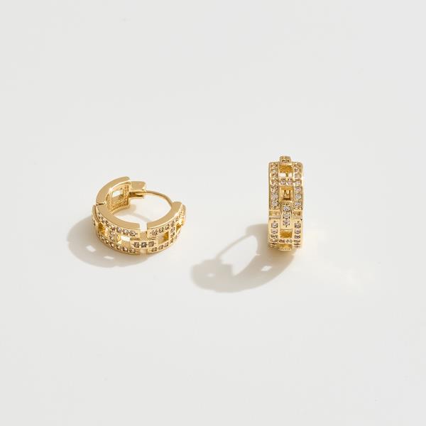 14K GOLD WHITE COLD DIPPED WATER RESISTANT LUXE GRID HUGGIE EARRINGS WITH CZ PAVE