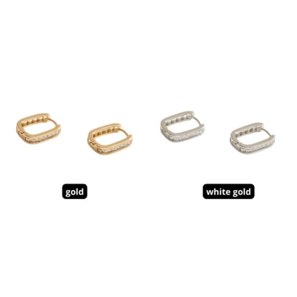 14K GOLD WHITE GOLD DIPPED WATER RESISTANT RECTANGULAR HUGGIE HOOP EARRING WITH CZ PAVE