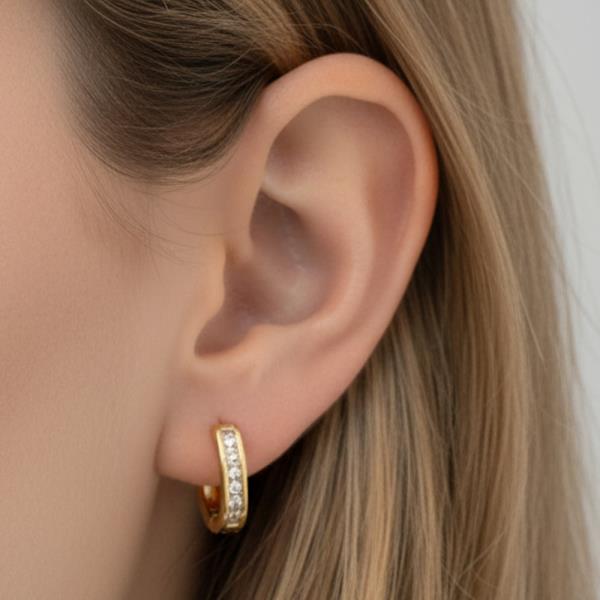 14K GOLD WHITE GOLD DIPPED WATER RESISTANT RECTANGULAR HUGGIE HOOP EARRING WITH CZ PAVE