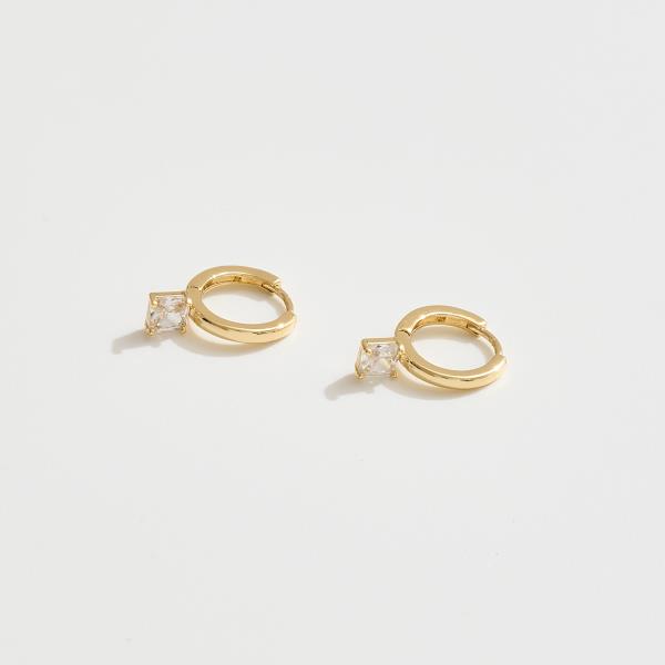 14K GOLD WHITE GOLD DIPPED WATER RESISTANT PRINCESS CUT HUGGIE HOOP EARRING WITH CZ