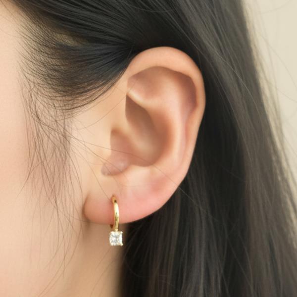 14K GOLD WHITE GOLD DIPPED WATER RESISTANT PRINCESS CUT HUGGIE HOOP EARRING WITH CZ