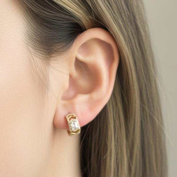 14K GOLD DIPPED WATER RESISTANT OVAL CENTER STONE HUGGIE EARRINGS WITH CZ PAVE