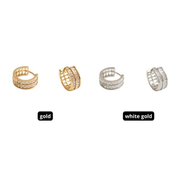 14K GOLD WHITE GOLD DIPPED WATER RESISTANT BAGUETTE HUGGIE HOOP EARRING WITH CZ PAVE