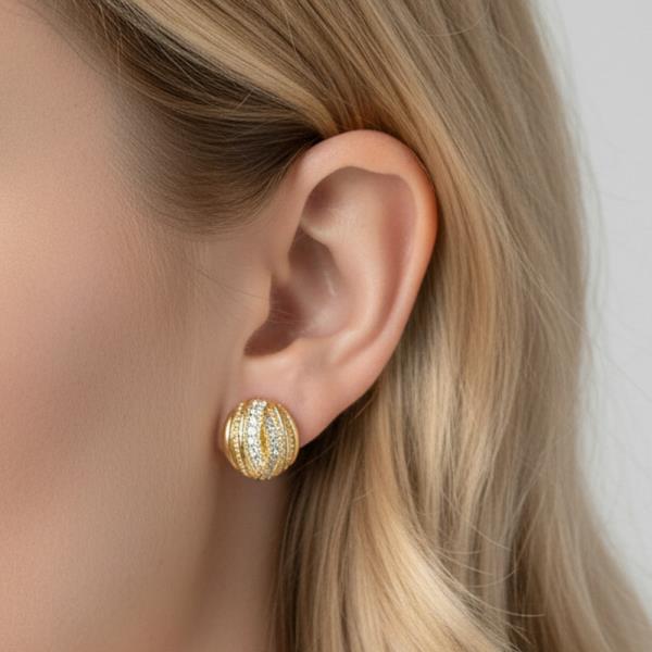 14K GOLD WHITE GOLD DIPPED WATER RESISTANT TEXTURED ROUND STUD EARRING WITH CZ PAVE