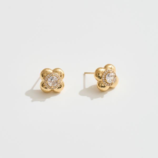 14K GOLD WHITE DIPPED WATER RESISTANT FLORAL STUD EARRING WITH CZ