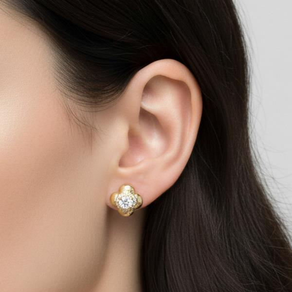14K GOLD WHITE DIPPED WATER RESISTANT FLORAL STUD EARRING WITH CZ