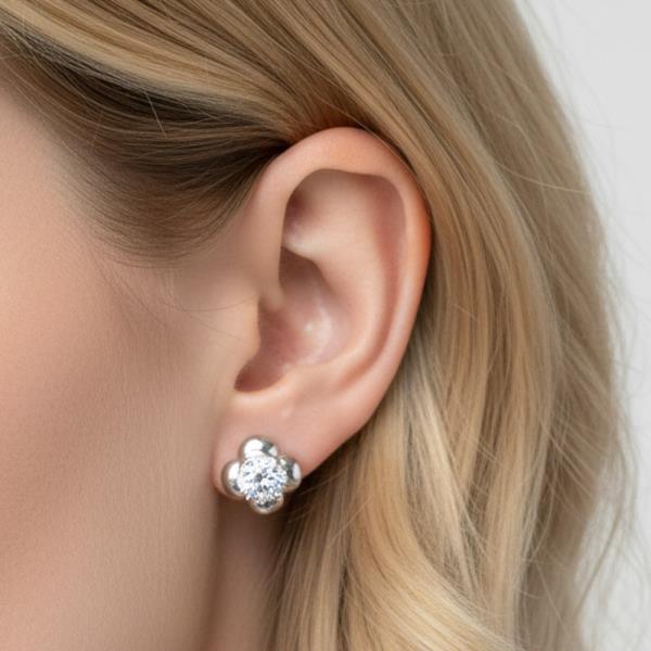14K GOLD WHITE DIPPED WATER RESISTANT FLORAL STUD EARRING WITH CZ