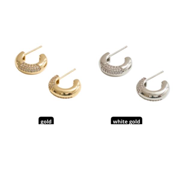 14K GOLD WHITE GOLD DIPPED HUGGIE HOOP EARRING WITH CZ PAVE