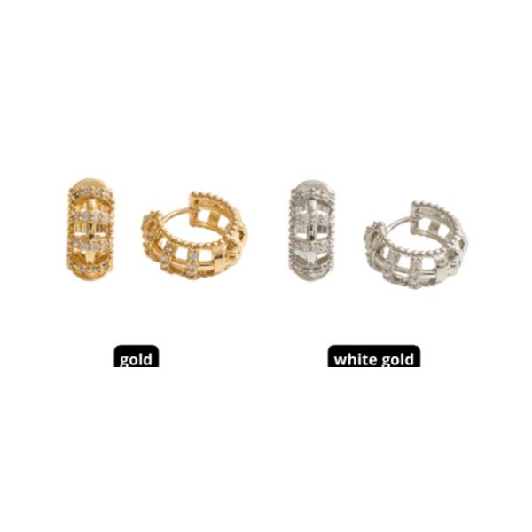 14K GOLD WHITE GOLD DIPPED WATER RESISTANT TEXTURED HUGGIE EARRINGS WITH CZ PAVE