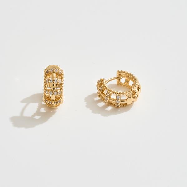 14K GOLD WHITE GOLD DIPPED WATER RESISTANT TEXTURED HUGGIE EARRINGS WITH CZ PAVE