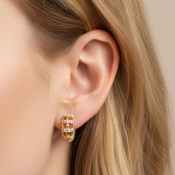 14K GOLD WHITE GOLD DIPPED WATER RESISTANT TEXTURED HUGGIE EARRINGS WITH CZ PAVE