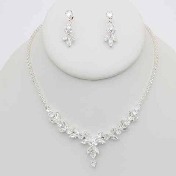 CZ CRYSTAL TEARDROP V STATEMENT NECKLACE EARRING SET