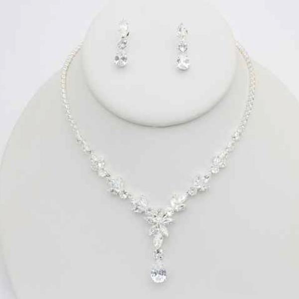 CZ CRYSTAL V DROP STATEMENT NECKLACE EARRING SET