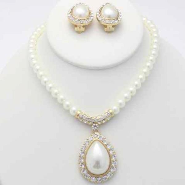 PEARL TEARDROP CRYSTAL STATEMENT NECKLACE EARRING SET