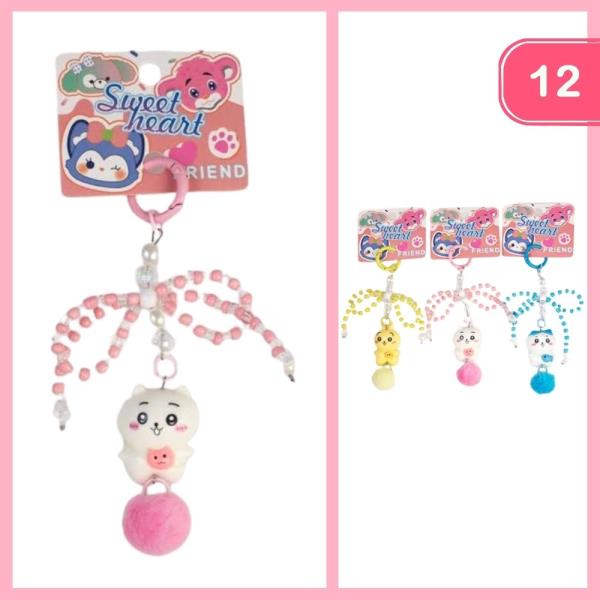 SWEET HEART FRIEND BEADED BOW POM POM ANIMAL KEYCHAIN (12 UNITS)