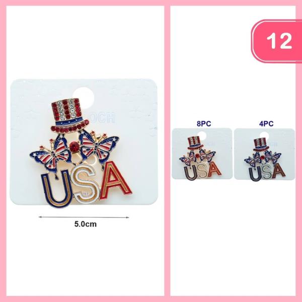 RHINESTONE BUTTERFLY USA FLAG COLORS BROOCH (12 UNITS)