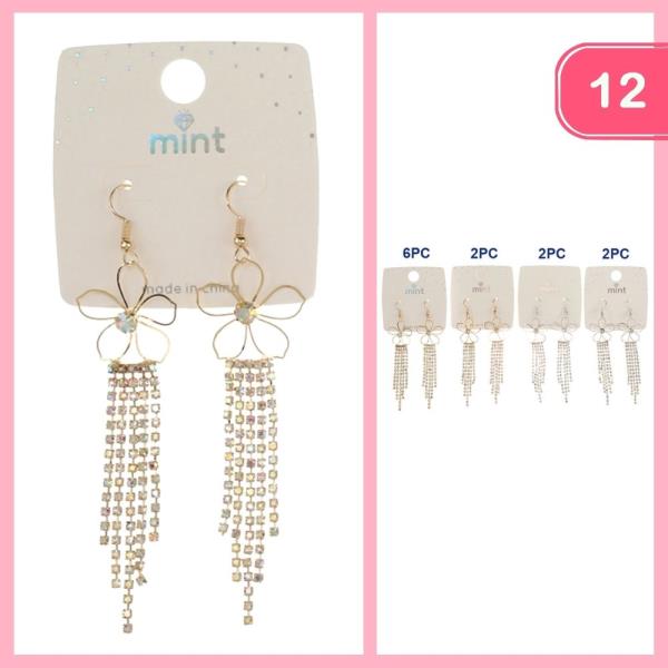 METAL FLOWER RHINESTONE TASSEL DANGLE EARRINGS (12 UNITS)