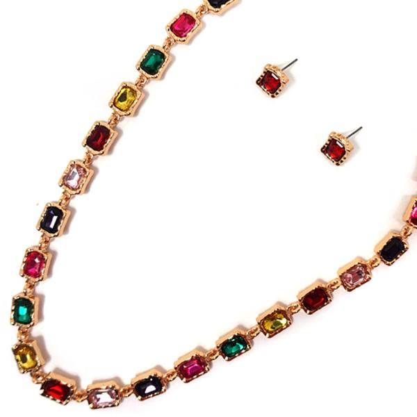 GLASS W CHAIN NECKLACE EARRING SET