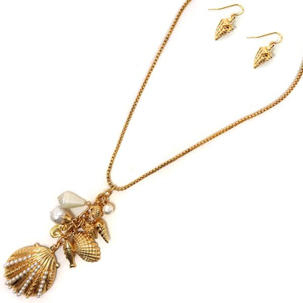 SEA LIFE WITH PEARL CHARM NECKLACE EARRING SET