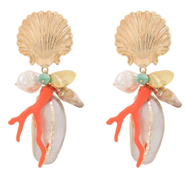 METAL SHELL CORAL CHARM CLUSTER DANGLE EARRING