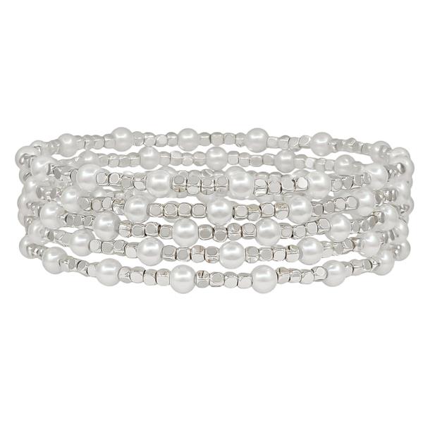 5 SET 4MM PEARL 2MM SQUARE METAL AC STRETCHED BRACELET