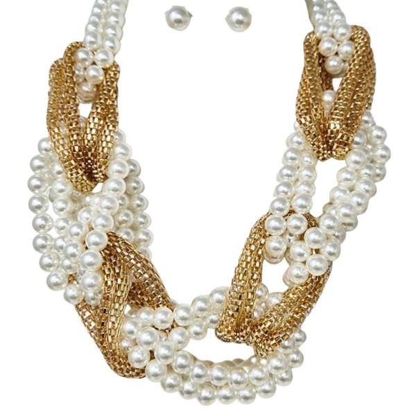 MULTI STRAND CHAIN PEARL TWISTED LAYERED NECKLACE EARRING SET