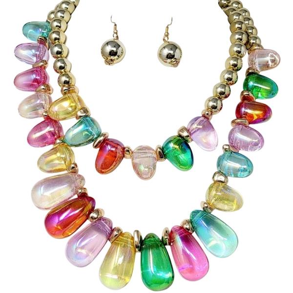 IRIDESCENT TEARDROP BEAD BIB STATEMENT NECKLACE EARRING SET